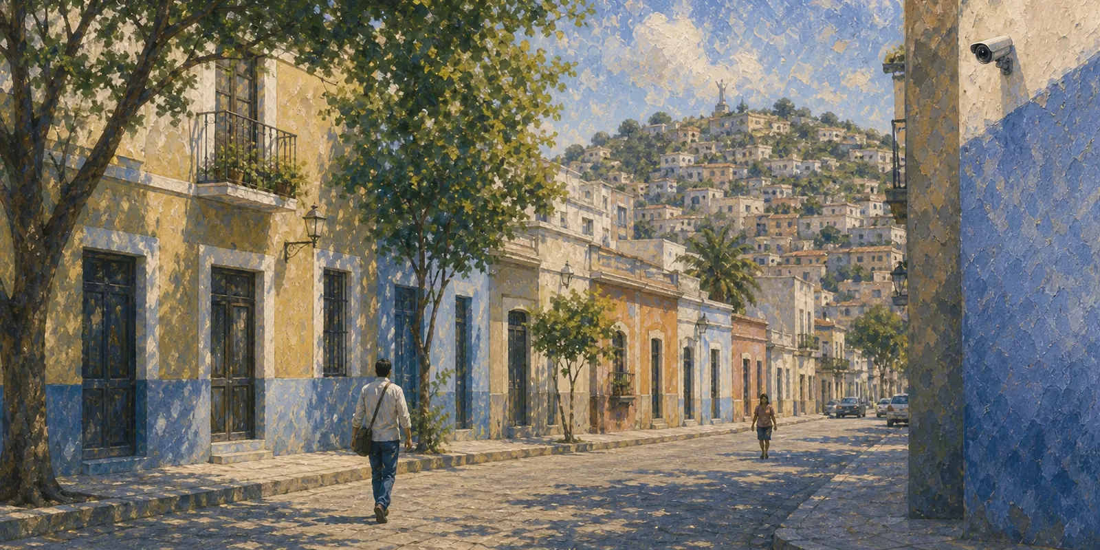 Rua interna de um condomínio ao entardecer, com uma câmera discreta na parede