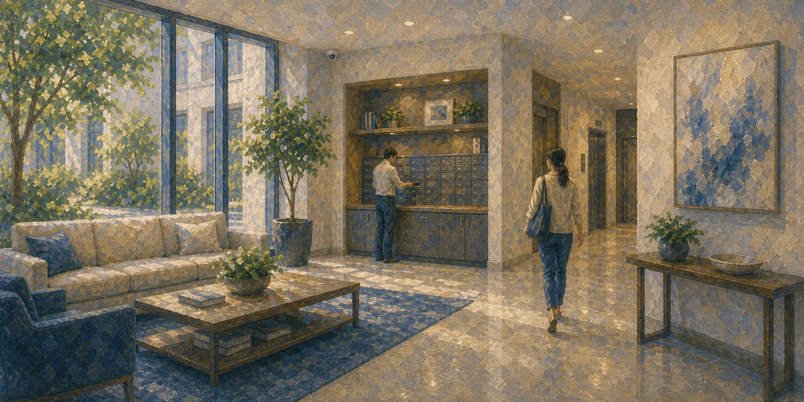 Recepção e lounge de um edifício de estadias prolongadas, com hóspedes chegando