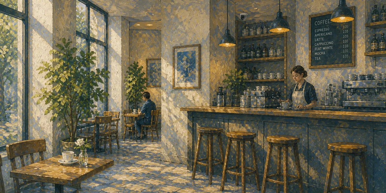 Interior de um café com clientes sentados e atendente ao balcão