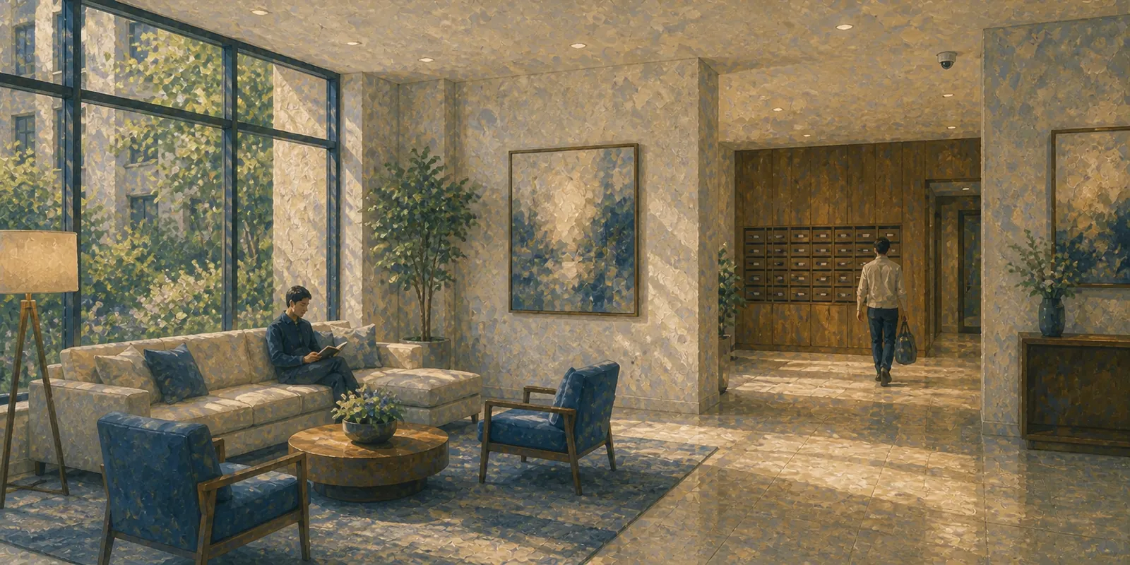 Hall de entrada de um edifício residencial com caixas de correio e portaria